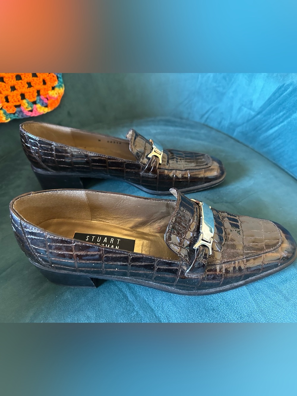 Stuart Weitzman Brown Croc Embossed Horsebit Loafer Heels 9.5 AA - Picture 7 of 16